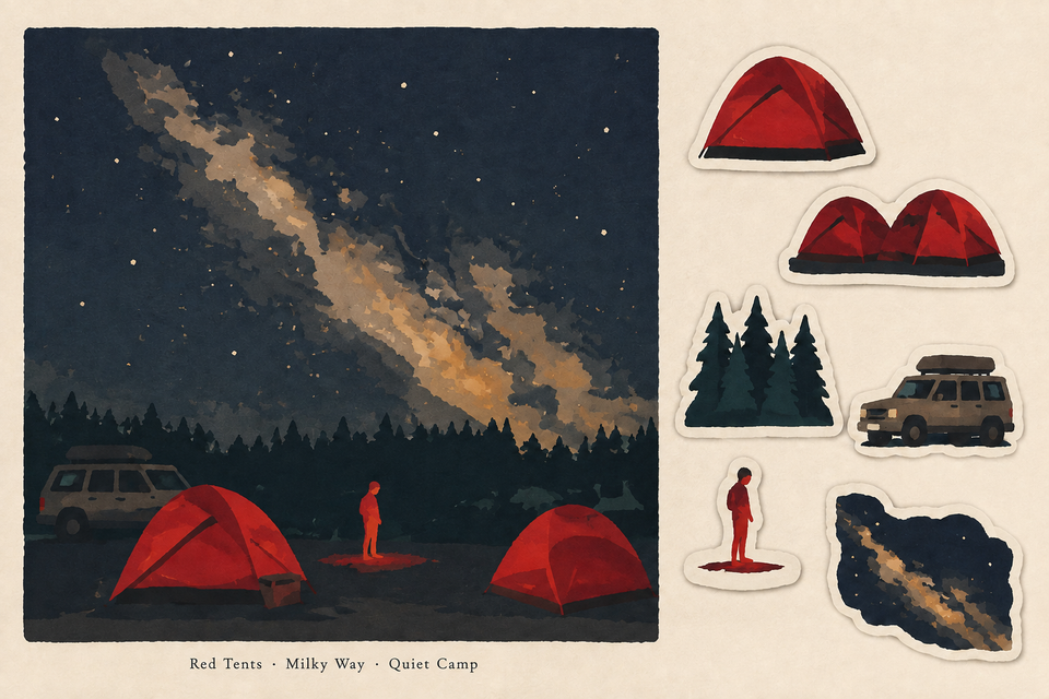 A starry campsite illustrated memory sheet with six matching sticker motifs