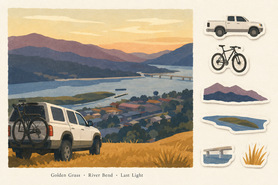 A sunset road-trip illustrated memory sheet with six matching sticker motifs