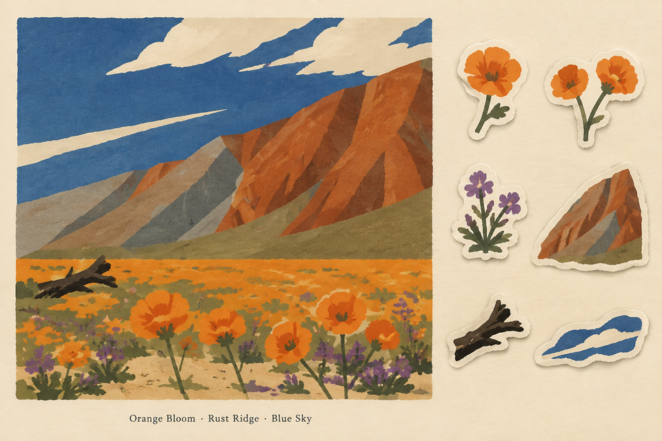 Wildflower mountains reimagined as an illustrated memory sheet with six matching sticker motifs
